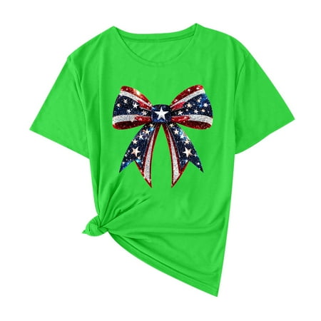 Gym Oversized Shirts for Lady 4th July T-Shirt for Women Loose Casual Independence Day Print Shirts Crew-Neck Tee Short Sleeve Blouses Tee Green M