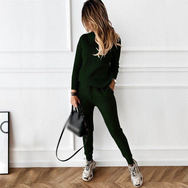 Conjunto de suéter y pantalones casuales de moda de color sólido con cuello alto para mujer