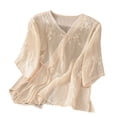 thumbnail image 3 of Women's Cotton Linen Short Sleeve Blouse Embroidered Button Down Summer, 3 of 9