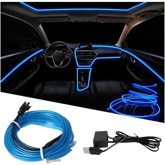 EL Wire Car LED Strip Lights, 10FT 5V USB Vehicle Ambient Lighting Kit with Fuse Protection, Automotive Interior Neon Decoration Lamp with 5mm Sewing Edge, Universal Fit (Blue)