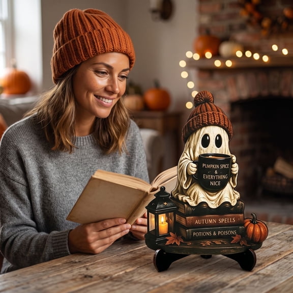 Fall Thanksgiving Halloween Decoration for Home Indoor Outdoor Clearance Under $15.00! Cute Ghost Reading Statue. Wooden Base Fall Ghost Figurine. Halloween Bookshelf Tabletop Home Decor