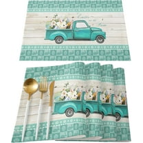 Easter Placemats Easter Egg Truck Tablemats for Dinner Table, Bunny Checkered Plaid Wood Grain Table Mats for Easter Spring Holiday Set of 6 Cotton and Linen Washable