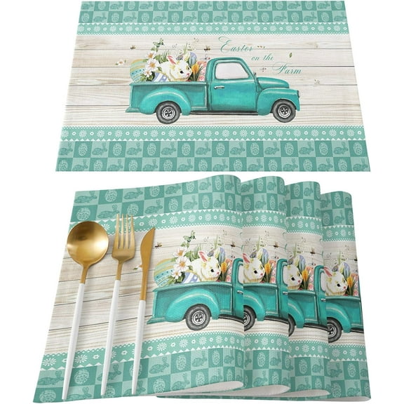 Easter Placemats Easter Egg Truck Tablemats for Dinner Table, Bunny Checkered Plaid Wood Grain Table Mats for Easter Spring Holiday Set of 6 Cotton and Linen Washable
