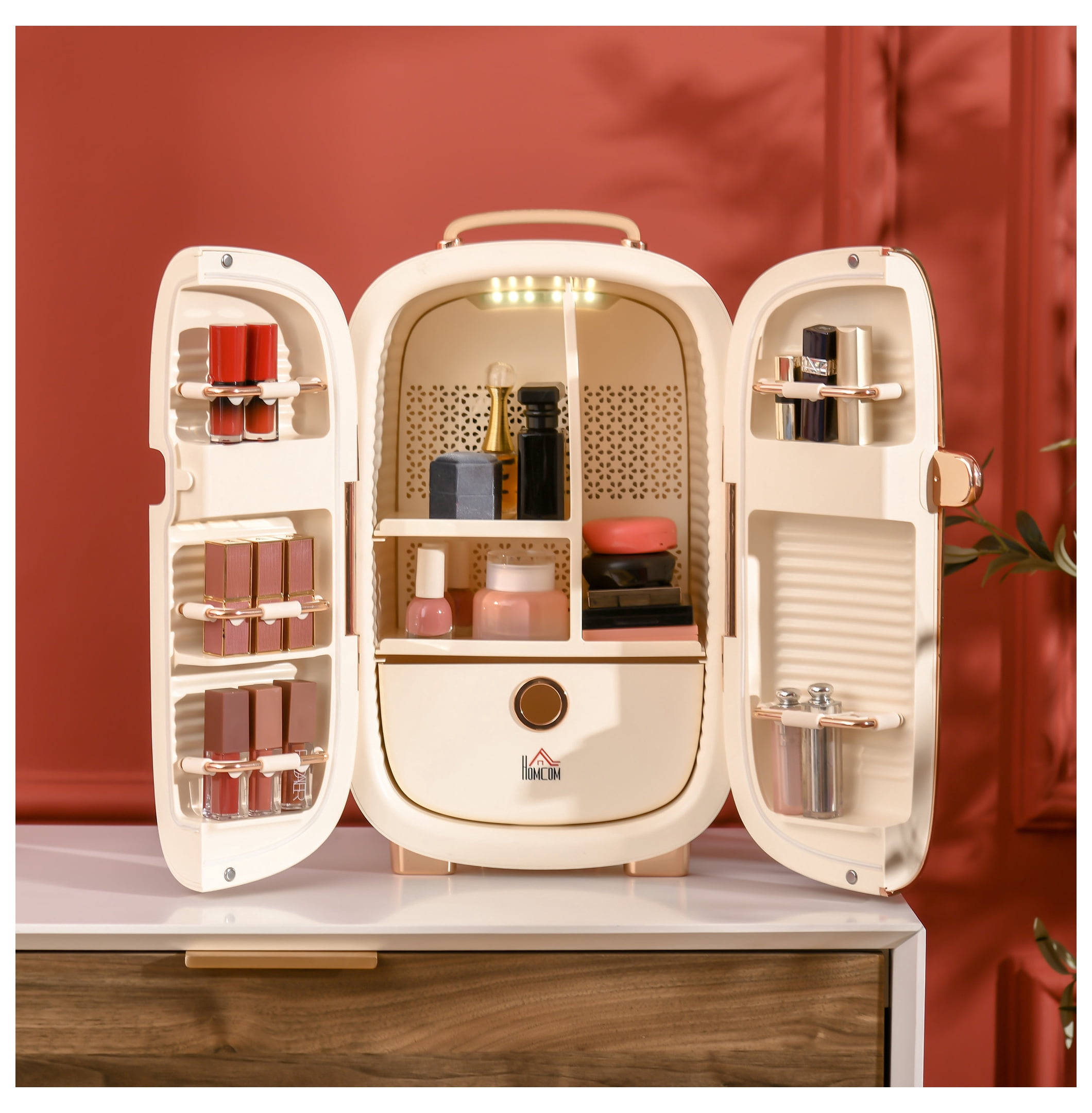 HOMCOM Portable Skincare Fridge with LED Display, 12L Mini Fridge for Beauty, Makeup and Cosmetics, Small Refrigerator Cooler for Bedroom, Home Office, Desktop, White