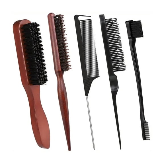 DUAIU 5 Pcs Slick Back Hair Brush,Rat Tail Comb, Edge | Bristle Brush, Hair Accessories for Girls, Kids, Sleek Ponytail/Bun, Edge Control and Smoothing Hair & Flyaways