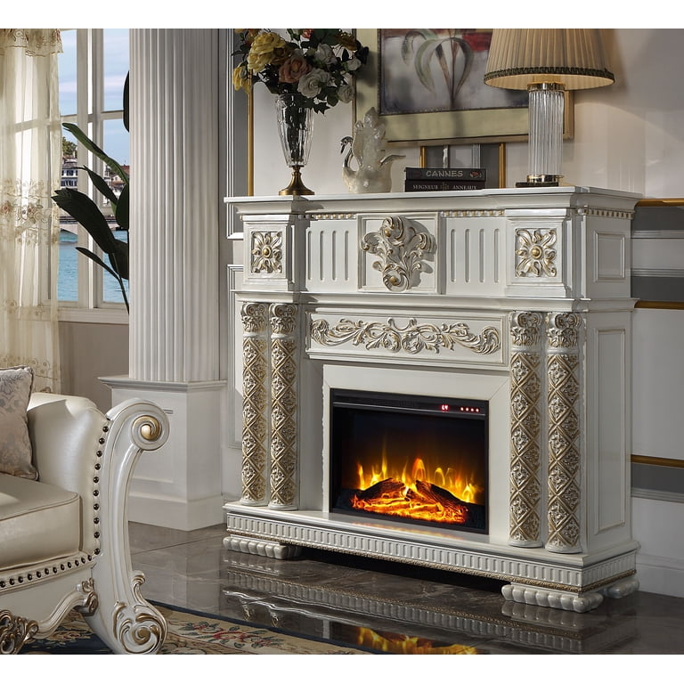 * antique flame ❀ * ボタニカル装飾 アンティークフレーム Vendome ACME Antique Pearl Finish Fireplace with LED Electric