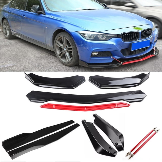 Front Bumper Lip Spoiler And Side Skirt Splitter Kit, Sturdy ABS Side Skirts Lip, Chin Spoiler Diffuser Protector, Front Bumper Lip Body Kit For 1.9M/6.2FT Wide Cars