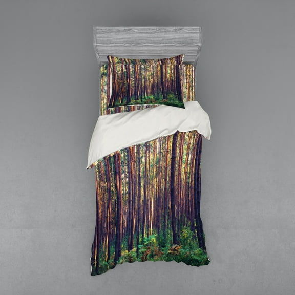 Ambesonne Nature Bedding Set 3 Pcs, Fall Trees Forest Trunks, Twin XL, Green Brown