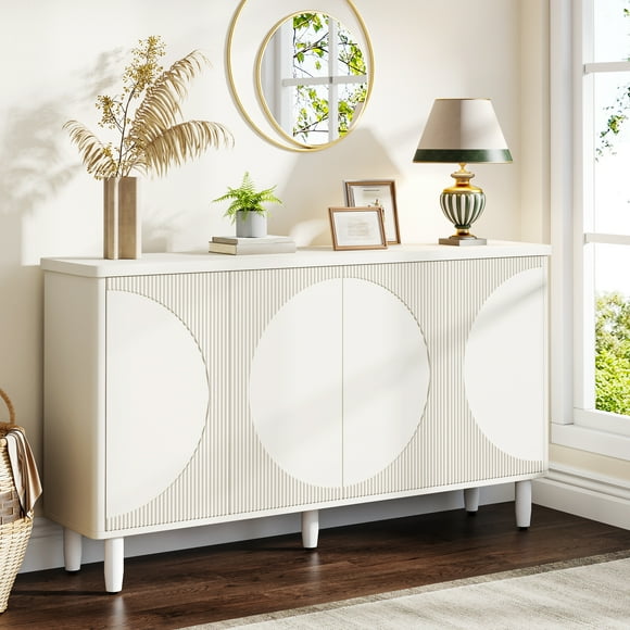 Fnova Modern Cabinet with 2-Tier Storage Shelves, 59.44" Sideboard with 4 Doors, Push Pop-up Door, for Kitchen, Dining Room, Living Room, Easy Assembly