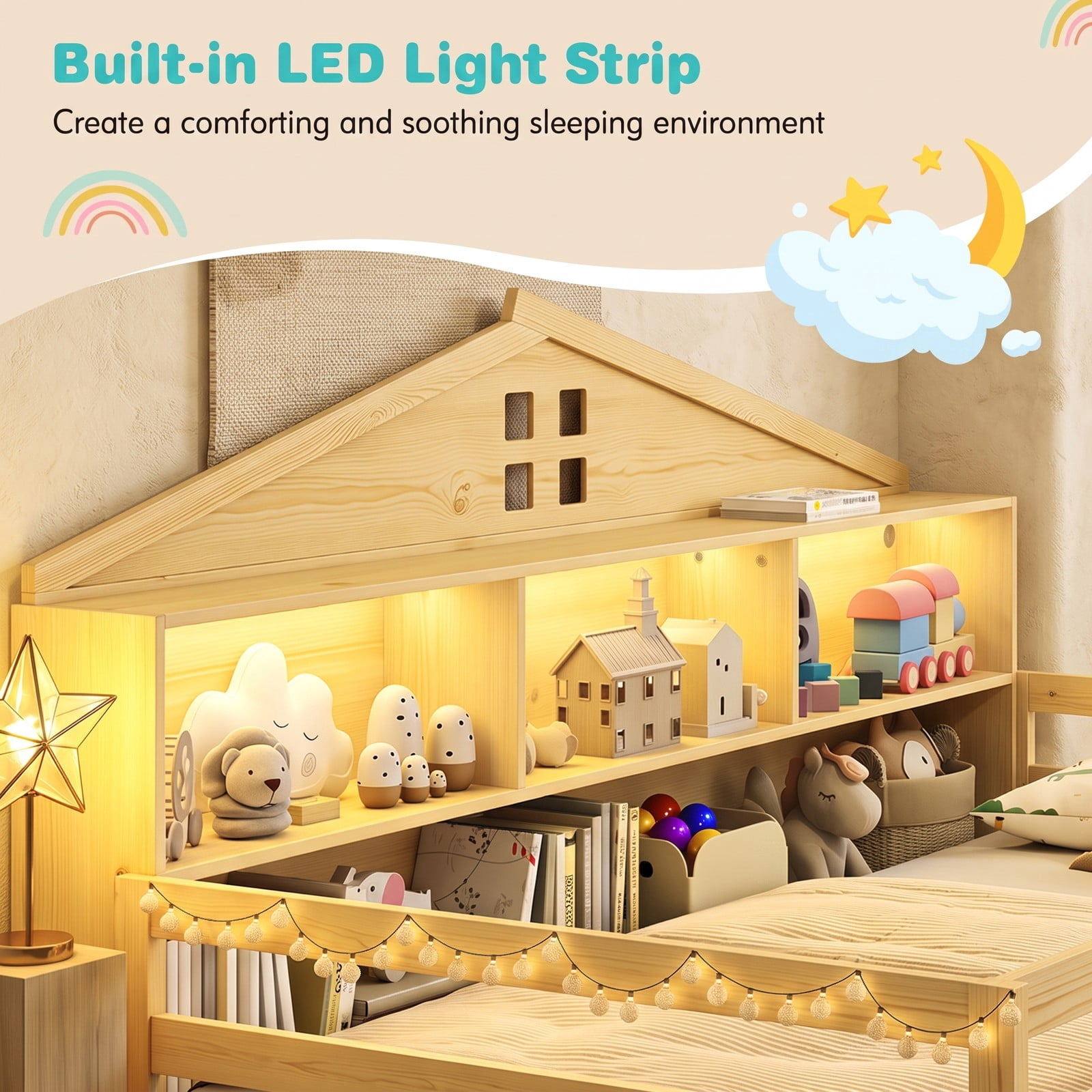Furnibear Twin Bed Frame Montessori Floor Bed for Kids, House Bed with Headboard Storage and Open Shelf, Low Wood Twin Bed Frame for Bedroom, Natural