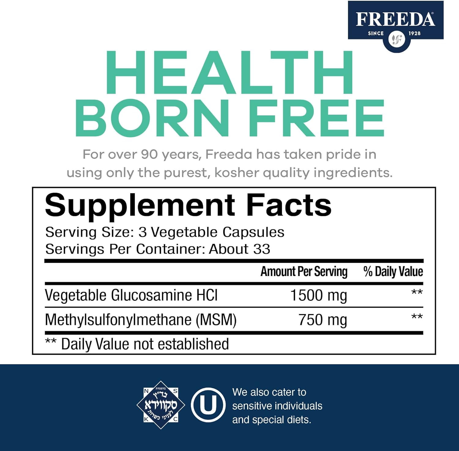 Freeda Glucosamine with MSM | Joint Mobility & Flexibility Support | Shellfish-Free, Vegan, Kosher, Gluten Free | 100 Capsules