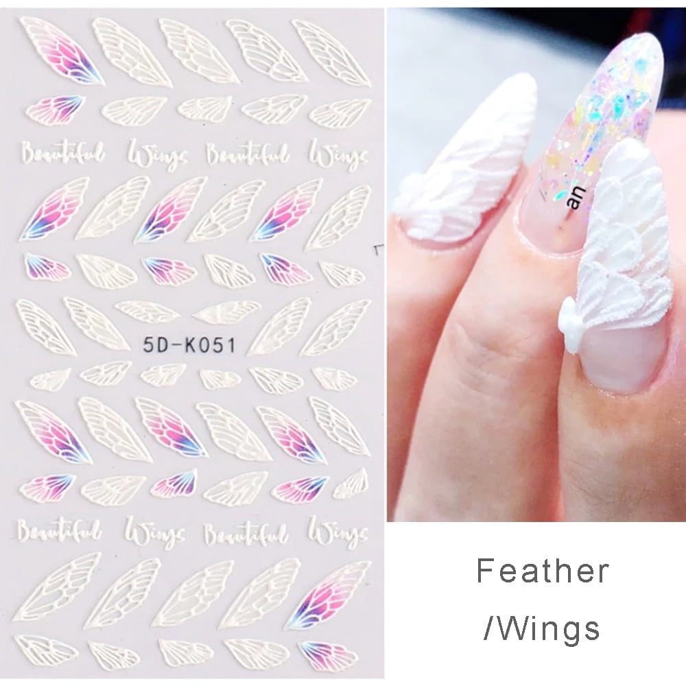Flower Nail Art Sticker Decals 5D Exquisite Hollow Pattern Nail Art Supplies Self-Adhesive Embossed Nail Art Decoration White Feather Lace Flower Leaf Design DIY Acrylic Nail Art 3 Sheet