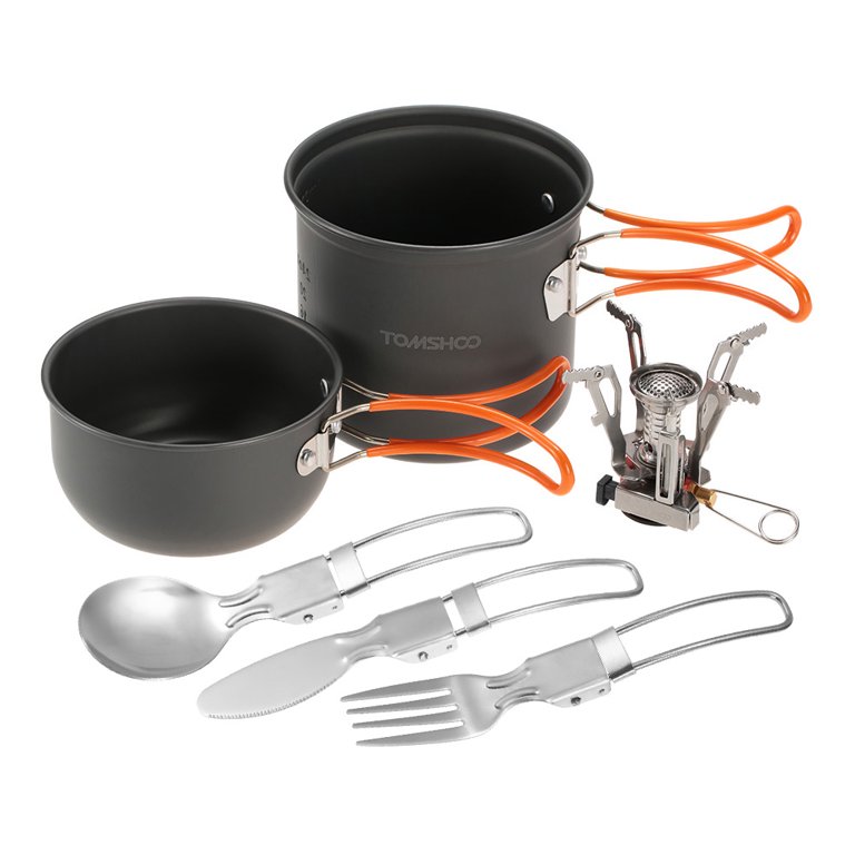 TOMSHOO Mini Camping Stove Cooking Pot Foldable Spoon Fork Cutter Cookware  Set for Outdoor Camping Hiking Backpacking Picnic 