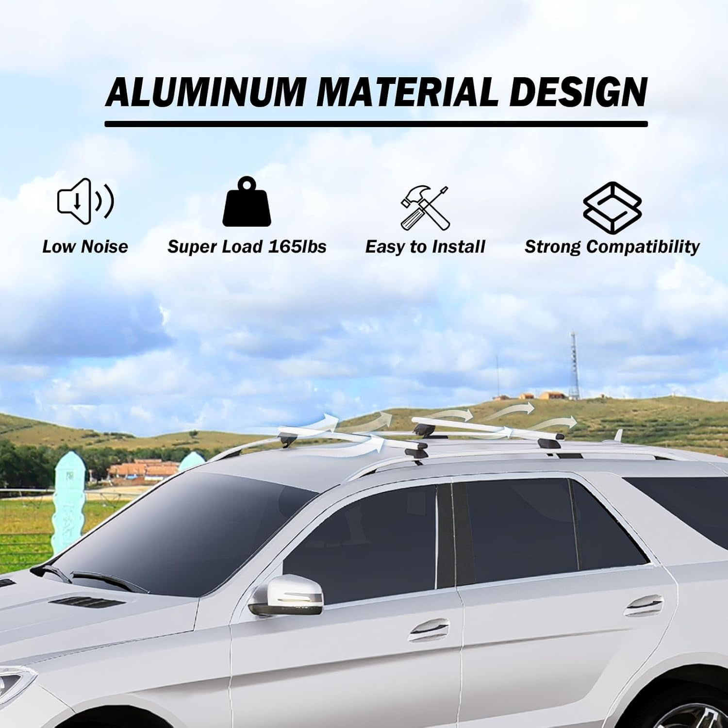 53 Inch Aluminum Roof Rack Cross Bars for Raised Side Rails, Adjustable Cargo Bars, Hold 165 LBS, Silver