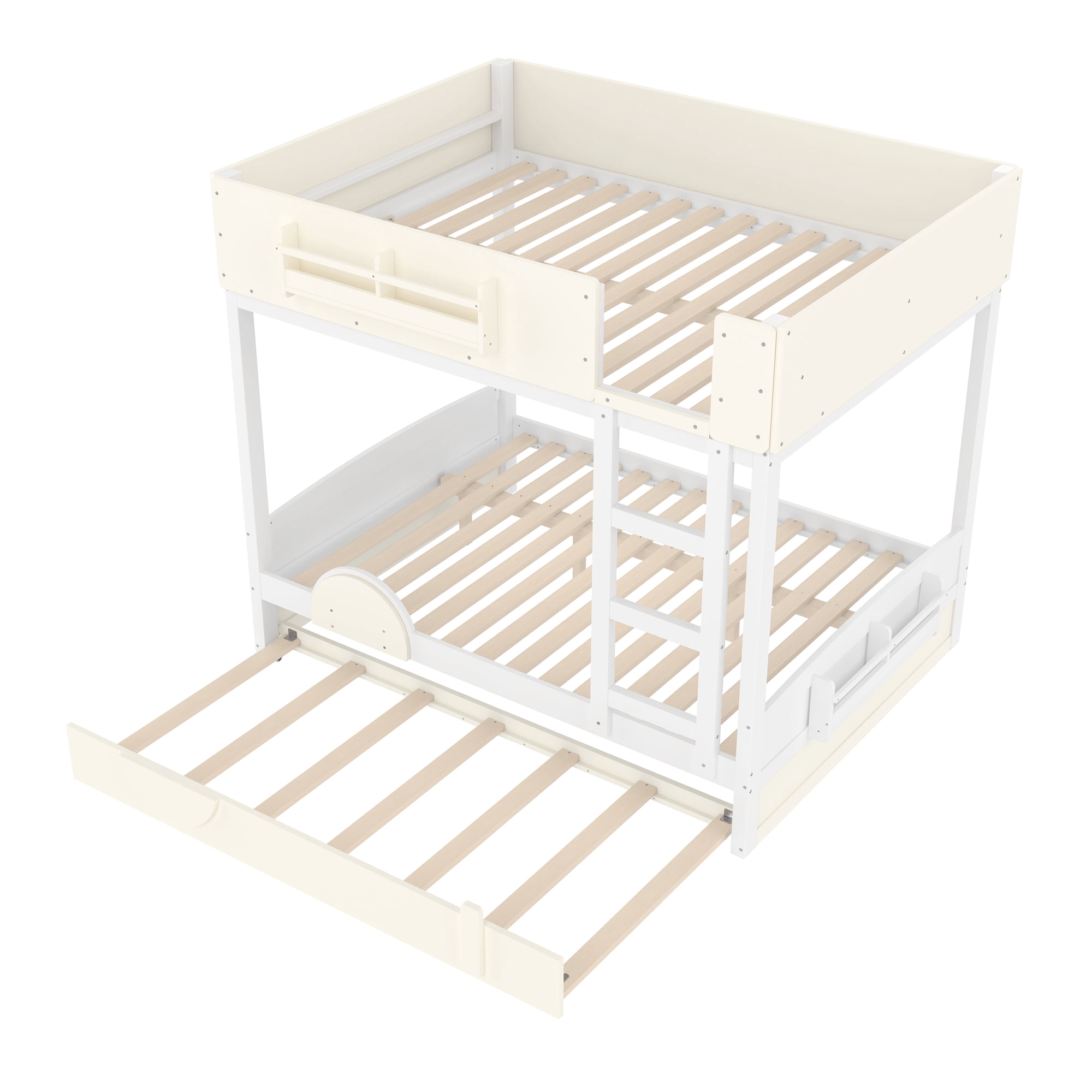 Mintazer Full Over Full Car Themed Bunk Bed with Trundle & Bookshelf, Modern Bunk Bed with Guardrail for Kids, White & Beige