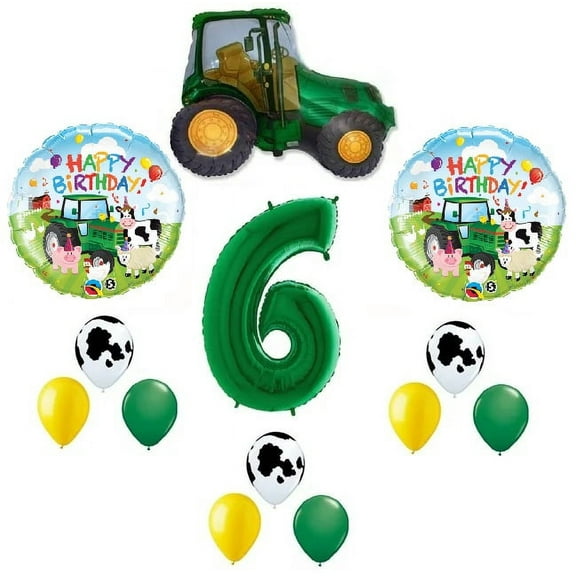 Farm Tractor 13 Piece #6 6th Green Tan Happy Birthday Balloon Bouquet Party Decoration