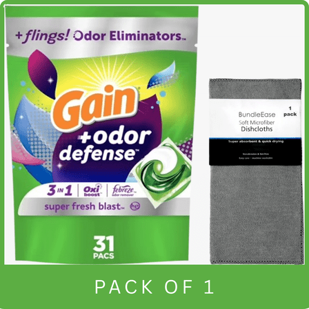 Gain Flings Laundry Detergent Pacs with Odor Defense, Super Fresh Blast Scent, 31 Count with Microfiber Solid Color Towel by BundleEase