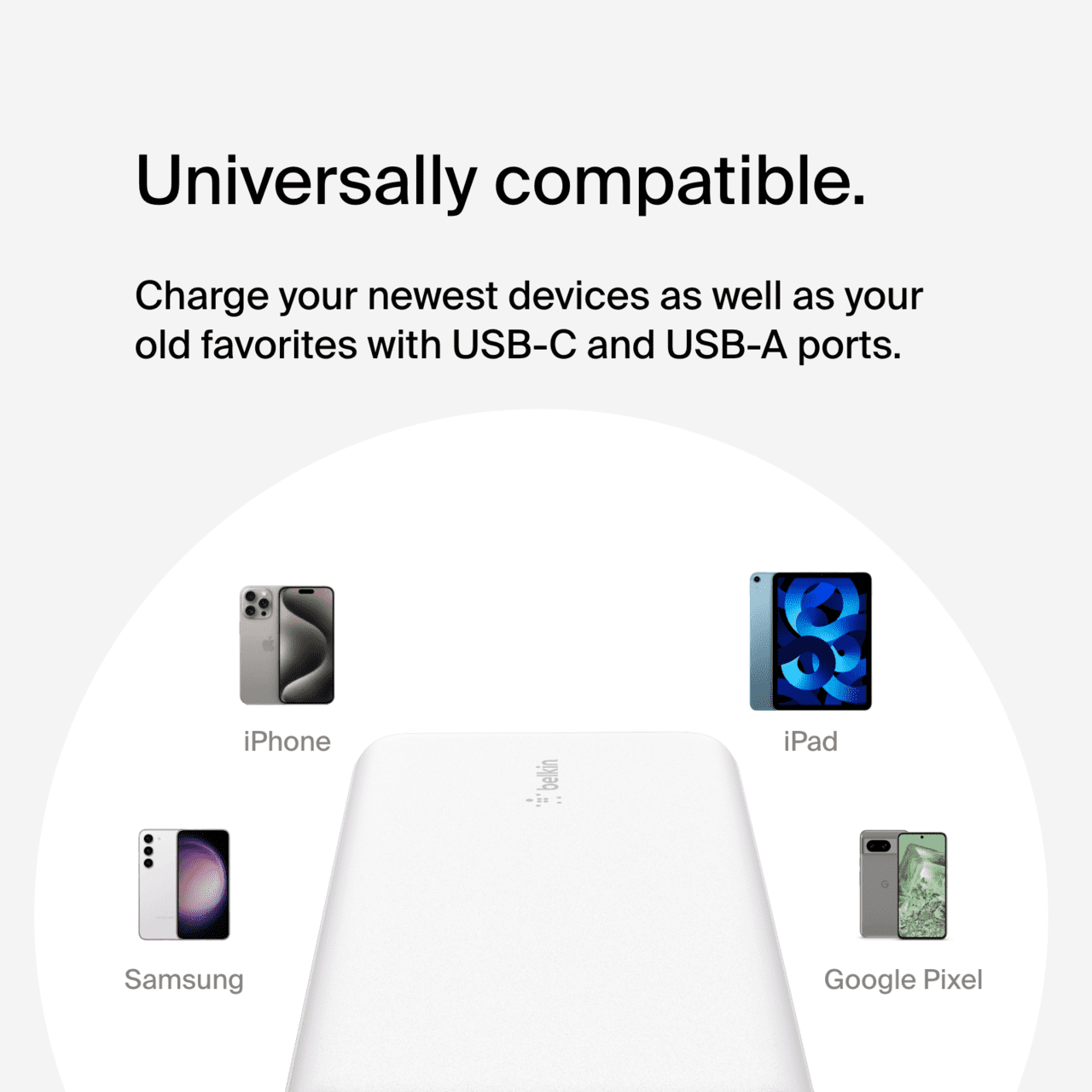 Belkin 20K Power Bank, USB-A & C 15W, White with Overcharge Protection, Portable Power Pack