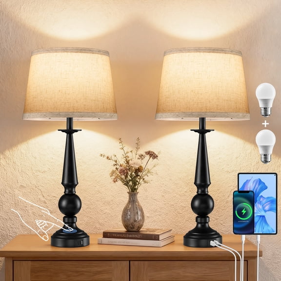 Walchoice Table Lamp Set of 2, Farmhouse Traditional Bedside Lamps with 2 USB Charging Ports, Dimmable Touch Nightstand Lamps for Bedroom Living Room, Rustic Metal Base & Fabric Linen Shade