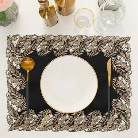 

Placemats - Set of 4 Handmade with European Embroidery for Wedding Receptions Banquet Party Kitchen Dining Room End Table Vintage Farmhouse Antique Home Decor - 14 x 20 Inches Black Gold
