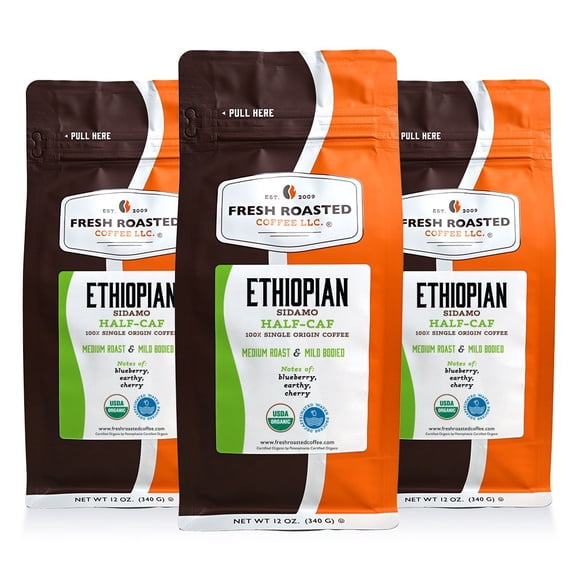 3 pack Fresh Roasted Coffee, Organic Ethiopian Sidamo Water-Processed Half Caf Coffee, Ground, 12 oz