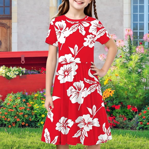 Fatuov Big Girls Summer Dresses Lightweight Dress for Outdoor Crew Neck Short Sleeve Floral Printed Pleated Flowy Casual Dress 4-14 Years