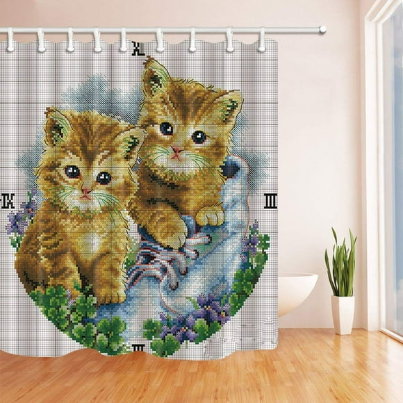 RYLABLUE Cross Stitch Pattern Embroidery Ornate Needlework Decor Cute Cats in the Shoes Polyester Fabric Bathroom Shower Curtain 66x72 inches