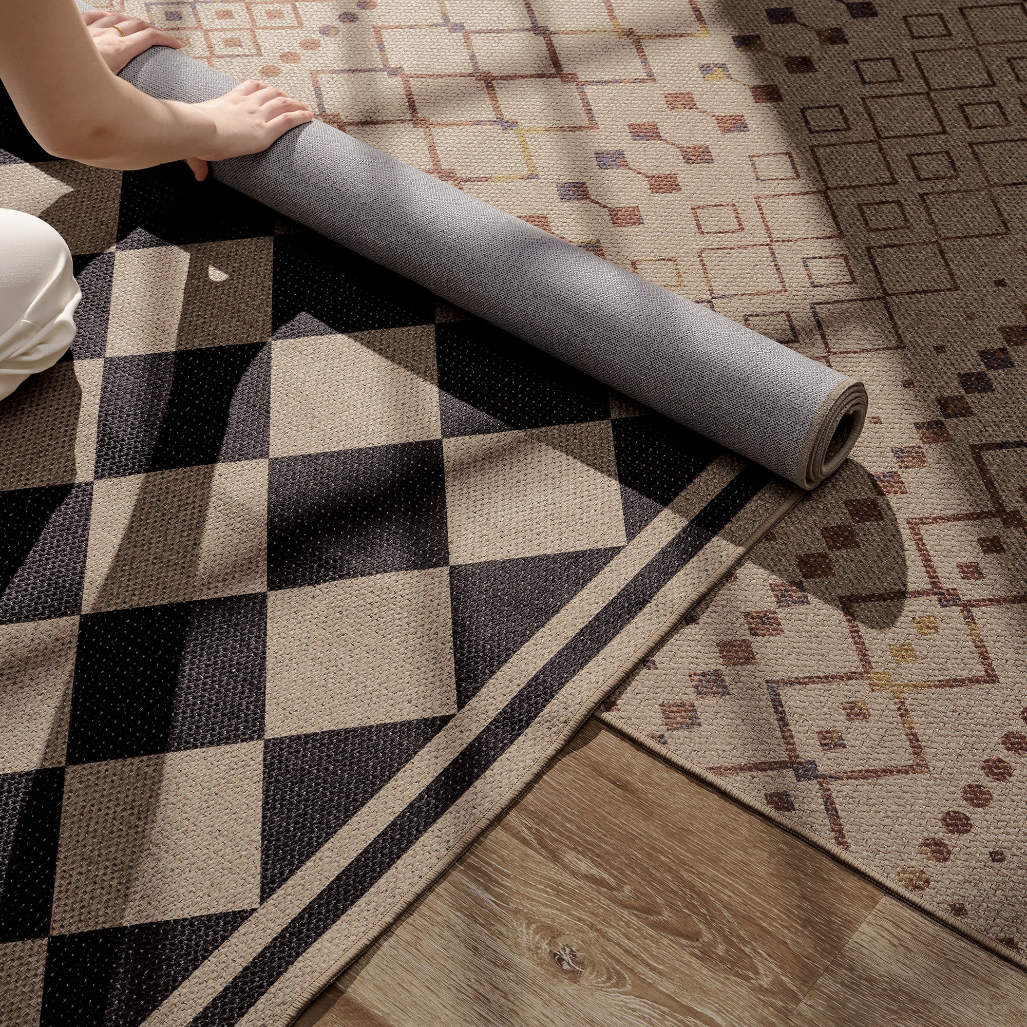 VUNATE Outdoor Rugs Carpet 4'x6' Jute Rug Boho Checkered Washable Patio Rug Distressed Modern Braided Area Rugs Black Indoor Outdoor Rugs for Living Room Entryway Laundry Balcony