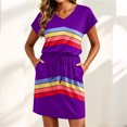 thumbnail image 4 of Levmjia Women's Casual Stripe Print Dress Short Sleeve V Neck Loose Fit Summer Dress with Drawstring Waist Front Pockets A Line Tunic Dress for Women, 4 of 6