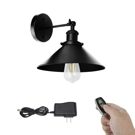 

FSLiving Low-Volt Safe LED Rechargeable Battery Run Remote Control No Wire Black Metal Adjusted Angle Wall Light Antique Design for Children Room Corridor Dorm Reading Bulb Included - 1 Pack