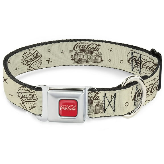 The Coca-Cola Company Pet Collar, Dog Collar Metal Seatbelt Buckle, Vintage Coca Cola Coke Icons and Ad Logos White Brown, 9.5 to 13 Inches 1.0 Inch Wide