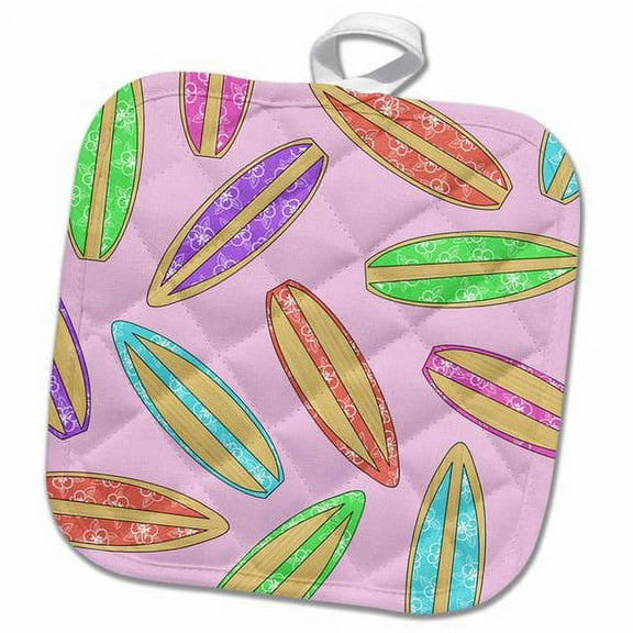 3dRose, Colorful Surfboard Print - Hawaiian Flower and Bamboo - Pink, 8x8 Potholder