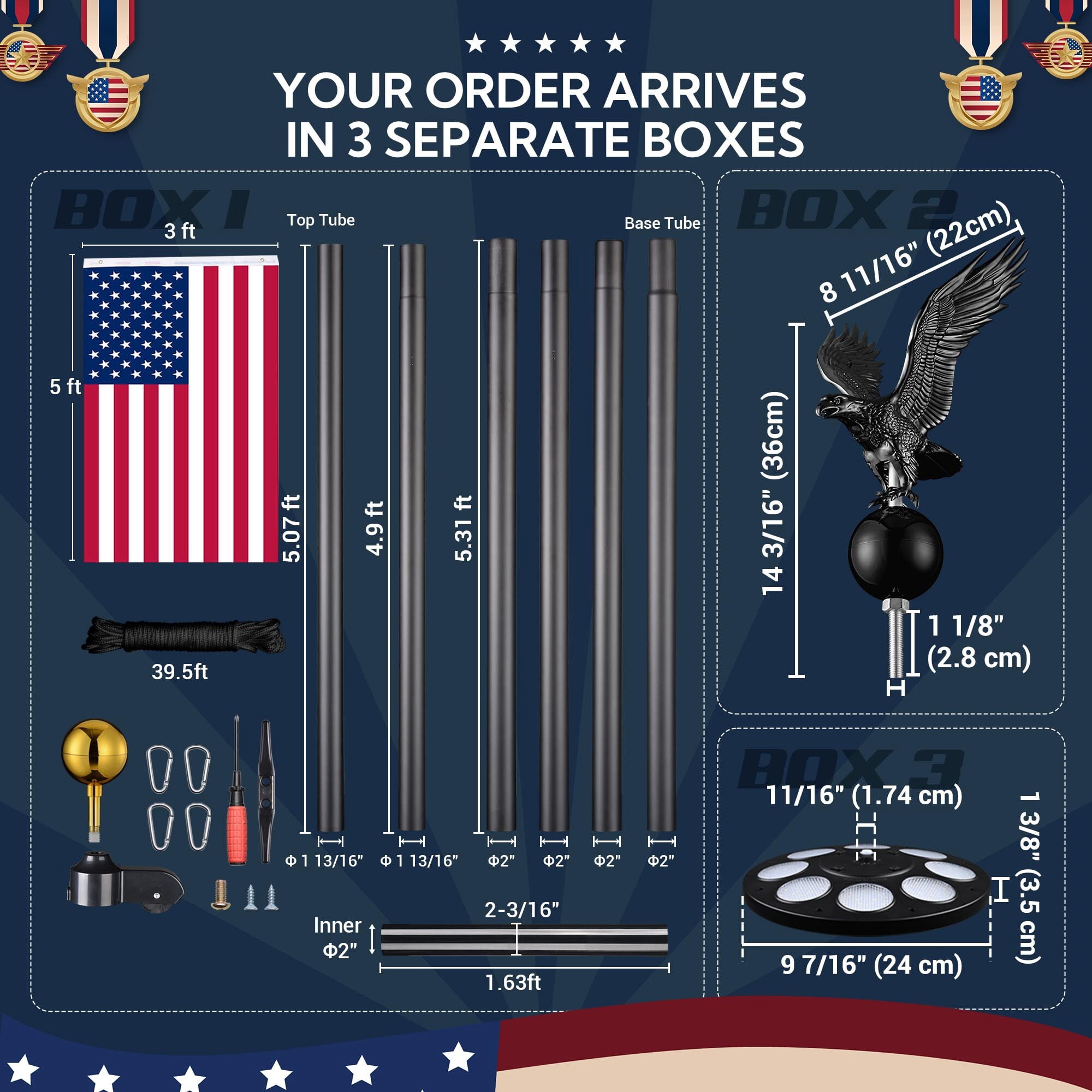Yescom Bravery 30' Aluminum 13Gauge Sectional Flag Pole Kit w/ 136 LED Solar Powered Light US Flag Eagle Topper for Outside House Outdoor Yard Commercial Residential Home Inground Deck Mount