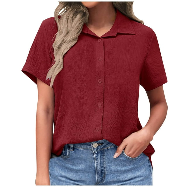 Tumotour Cotton And Linen For Womens Short Sleeve Button Down Shirts Summer Casual Collared V Neck Blouse Linen Loose Work Tops