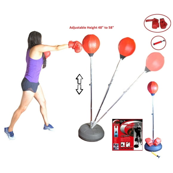 Sac de Boxe et de Frappe Autoportant Ensemble de Balles de Vitesse 3 en 1, Comprend Gants de Boxe, Pompe Manuelle, Support de Base à Hauteur Réglable, Entraînement Entraînement Physique Gym Portable Sac de Frappe à Ressort Réflexe pour l'Entraînement de Boxe