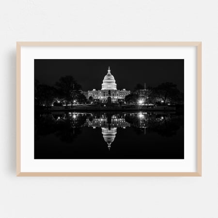 The Capitol 04 B&W - Washington District of Columbia Photography Black and White Architecture Night Sky City Scenic Oak Framed Wall Art Print 5 x 7 inches