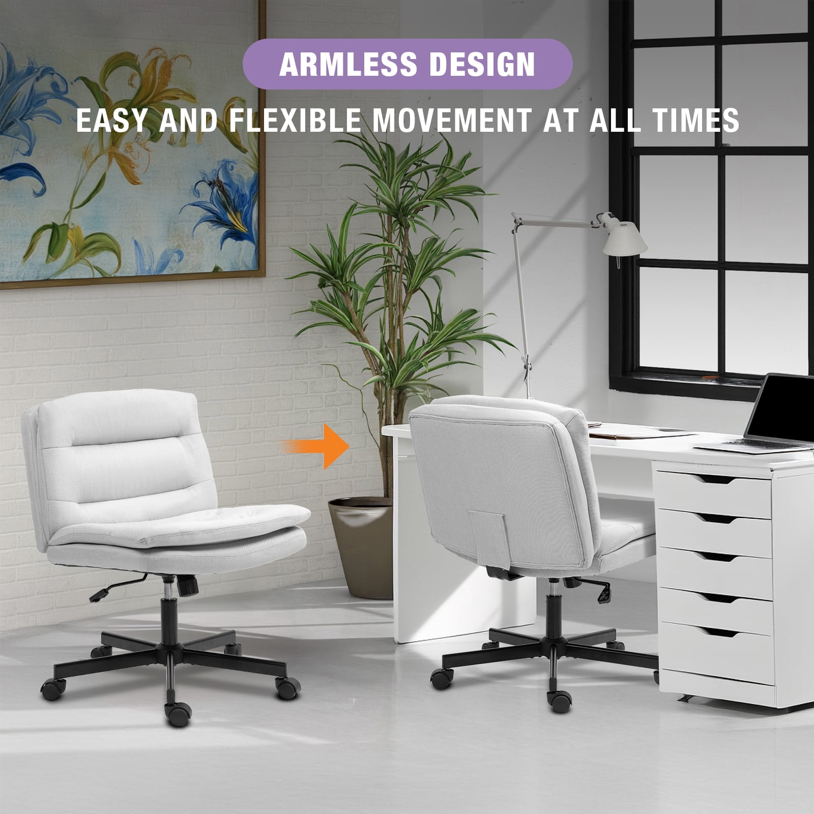 Criss Cross Legged Chair Ergonomic Home Office Desks Chair with Casters, Armless Wide Comfy Vanity Desk Seat Swivel Rolling Computer Chair, Adjustable Height, Rocking Function, Beige