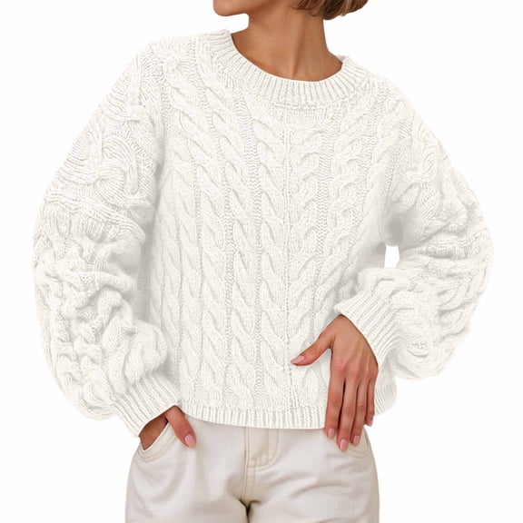 Arlun Fall Winter Cable Knit Sweaters for Women 2026 Trendy Oversized Crewneck Pullover Sweater Long Sleeve Solid Color Casual Loose Fit Comfy Outwear Tops 2026 White XL