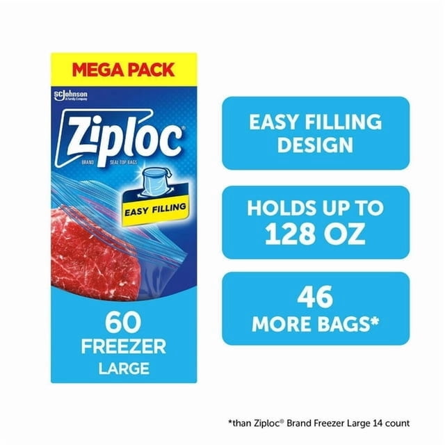 Ziploc Large Freezer Bags, Seal Top, Stay Open Design, 60 Bags