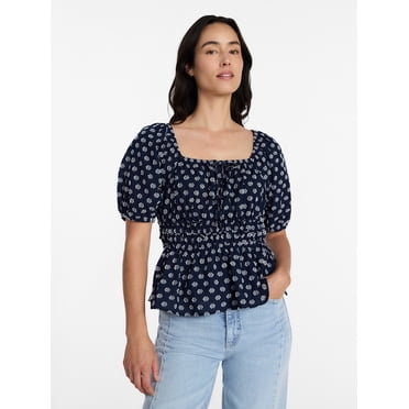 Time and Tru Women's Square Neck Top with Short Puff Sleeves, Sizes XS-XXXL