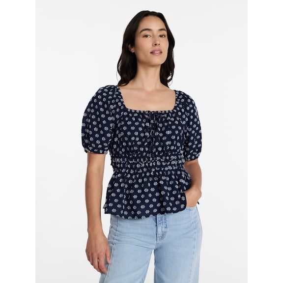 Time and Tru Women's Square Neck Top with Short Puff Sleeves, Sizes XS-XXXL