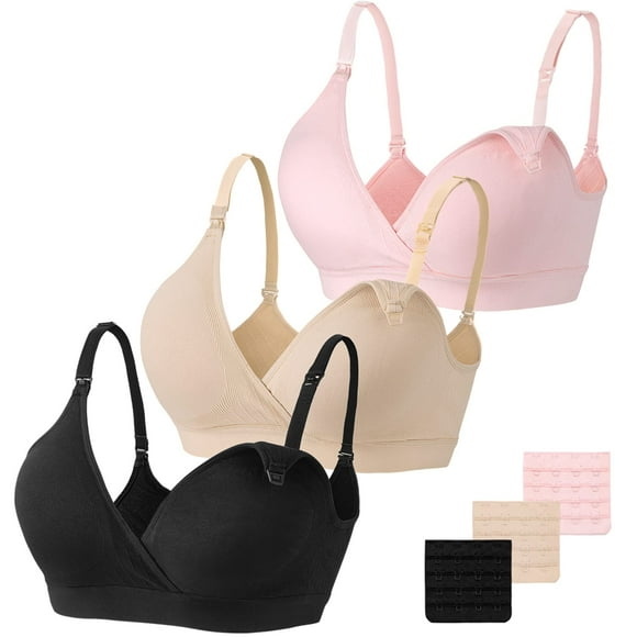 Vinfact 3 Pack Nursing Bras for Breastfeeding Seamless V Neck Maternity Bra Women Pregnancy Breastfeeding Bra - XL,Black/Nude/Pink