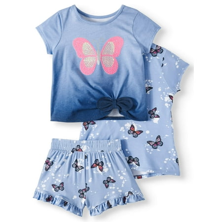 Lace-Up Top, Side-Tie Top, & Printed Ruffle Shorts, 3pc Outfit Set (Toddler