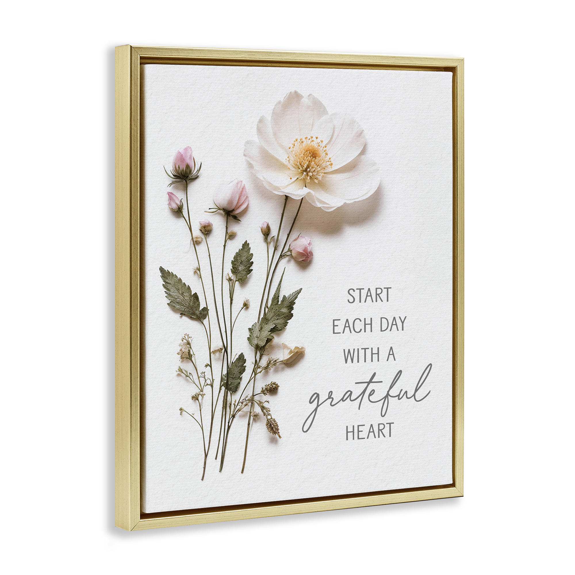 Grateful Heart Pressed Flowers Gold Framed Floater Canvas Wall Art, design by Lettered and Lined