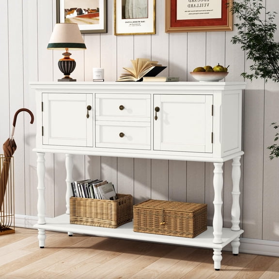 Console Table with 2 Drawers, Retro Entryway Table with 2 Door Cabinets and Open Storage Shelf, Narrow Long Behind Couch Sofa Table for Living Room, Foyer, Hallway, White