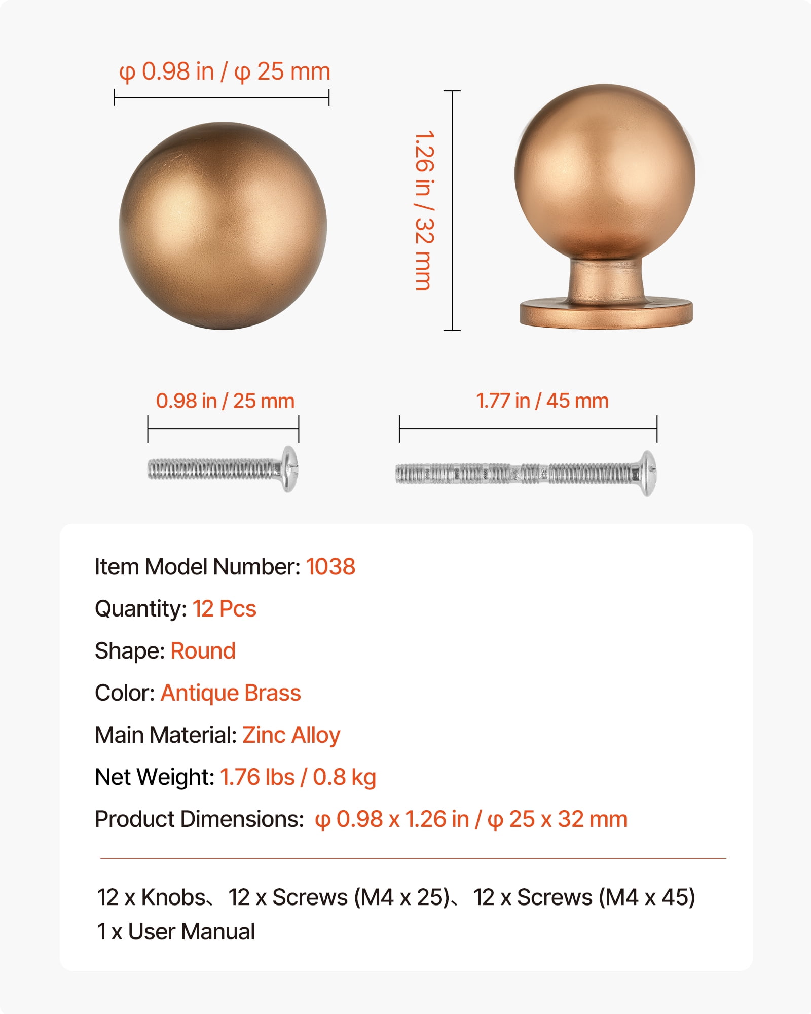 VEVOR Cabinet Knobs,12 Pack,0.98 Inch Zinc Alloy Drawer Pulls Door Handles, Round Kitchen Dresser Solid Knobs Cupboard Hardware with Screws for Bathroom Closet Cabinets Drawers,Antique Brass Color