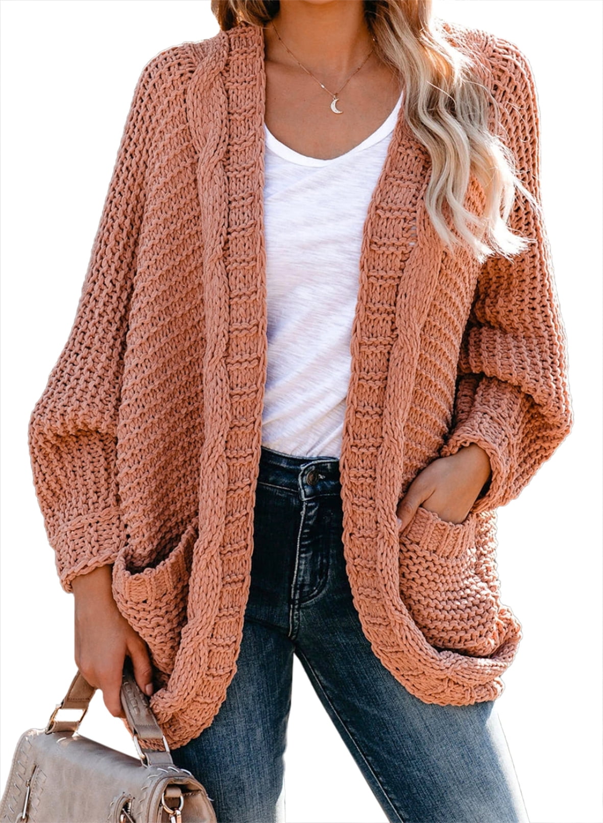 SHEWIN Womens Open Front Cardigans Sweater Chunky Knit Sweaters Cardigan for Women Casual Loose Soft Kintted Cardigan Outwear Coats with Pockets Pink