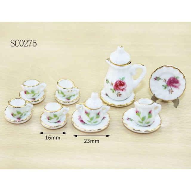Doll House Tableware Miniature Furniture 17 PCS Ceramic Tea Sets P31B heqiyong toy
