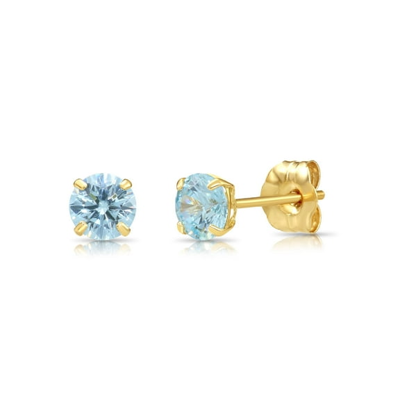Tilo Jewelry 10K Yellow Gold Blue Round Stud Post Earrings with Cubic Zirconia CZ Birthstone | March-Aquamarine | Women, Men, Unisex