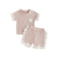 thumbnail image 2 of Musuos Kids Girls Summer Clothes Set,  6M 12M 18M 24M 3Y 4Y Short Sleeve Crew Neck Flower T-shirt with Lace Ruffle Shorts Summer Outfit, 2 of 10